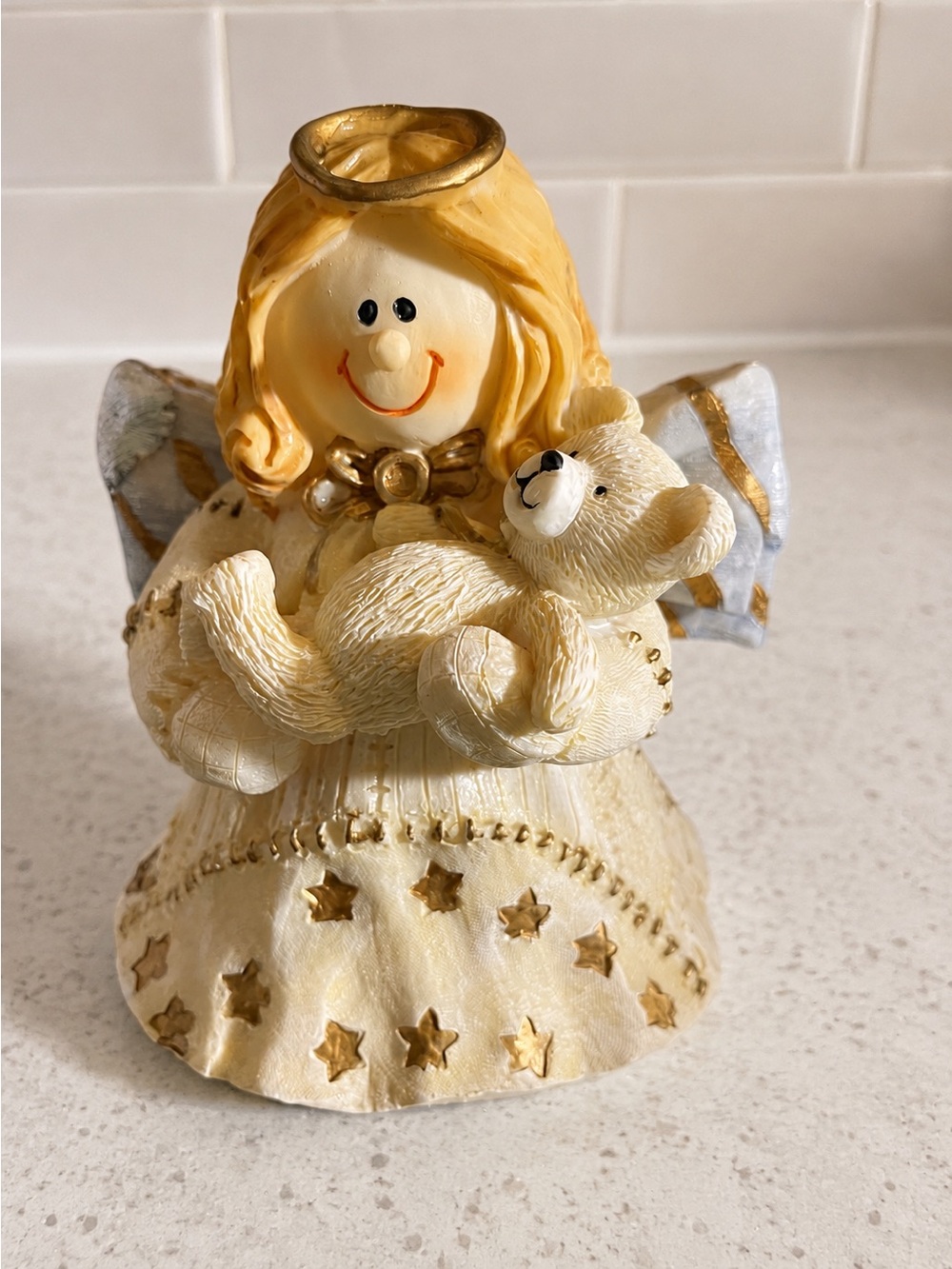 Angel Figurine Holding Teddy Bear Gold Stars Striped Wings Resin Holiday Decor